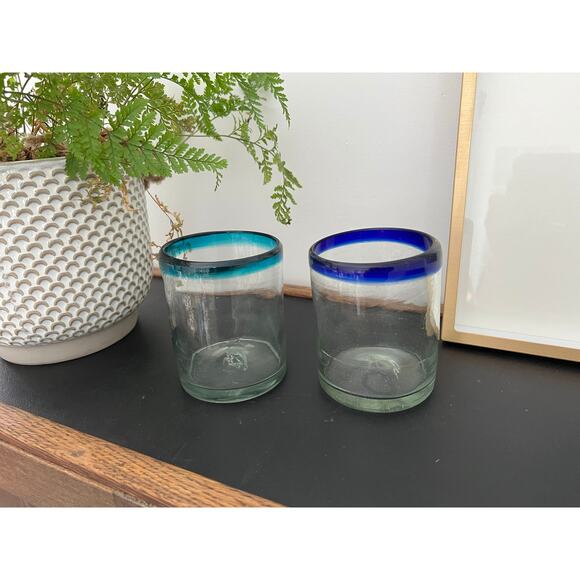 Vintage Mexican Hand Blown Cobalt Blue & Teal-Rimmed Glasses / Juice Water Glass - Picture 1 of 9